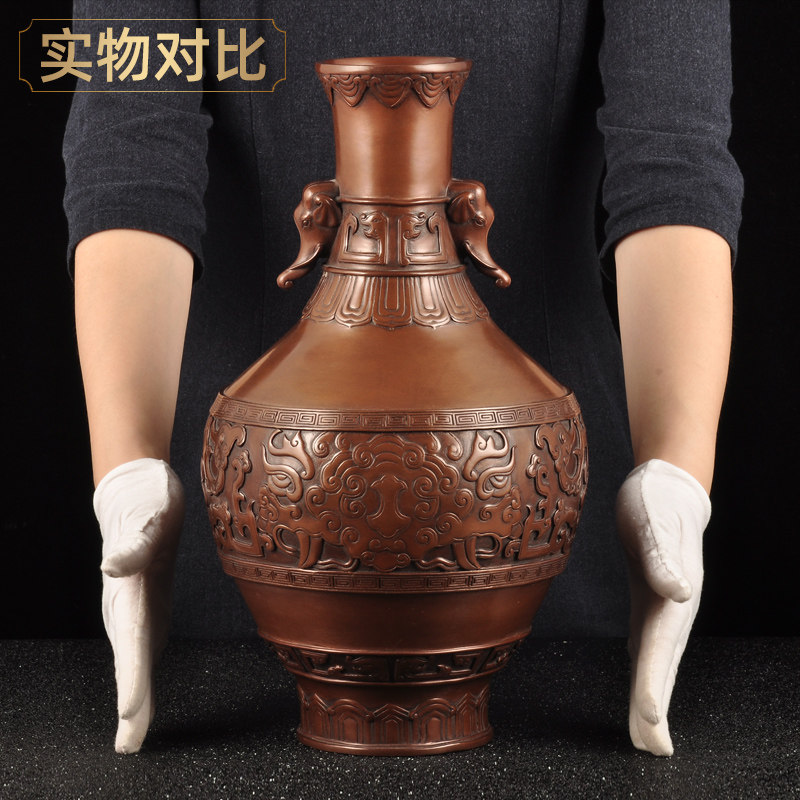紫铜象首耳龙纹花瓶摆件家居客厅电视柜中式装饰品乔迁新居礼品
