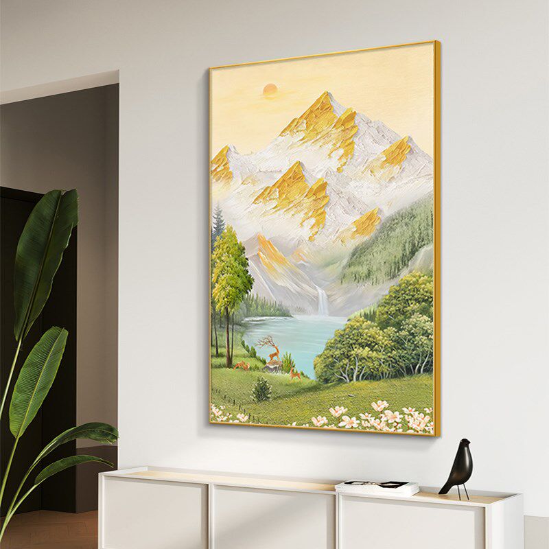 日照金山客厅高级感手绘油画背有靠山装饰画入户玄关山水风景挂画