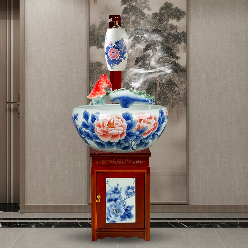 景德镇陶瓷鱼缸喷泉循环过滤加氧乌龟缸养龟箱大型家用酒店装饰品