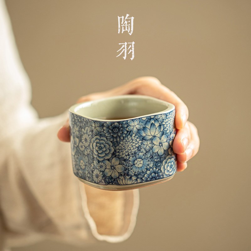 青花老陶泥万花主人杯四方杯汝窑开片可养陶瓷品茗杯功夫茶具茶杯