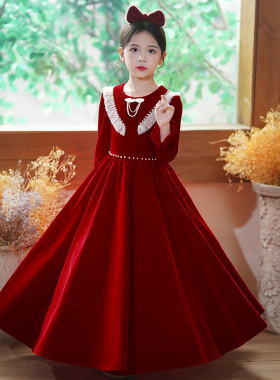 女童高端红色裙子2023新款小女孩礼服儿童生日宴钢琴演出服公主裙
