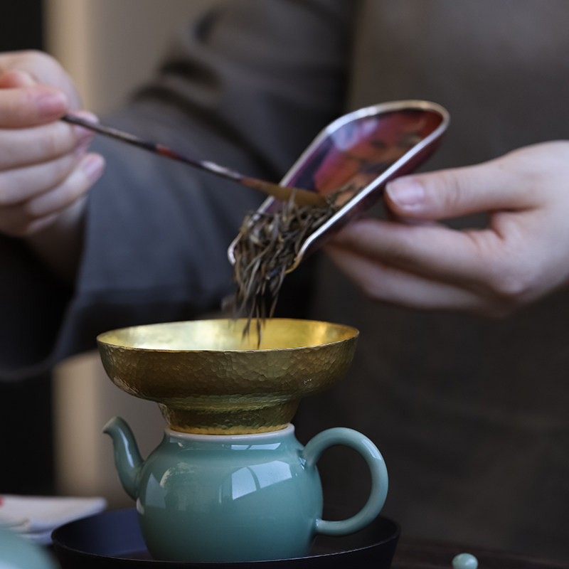 手工制锤目纹黄铜投茶器导茶入壶铜茶漏漏斗壶漏功夫茶具配件零配