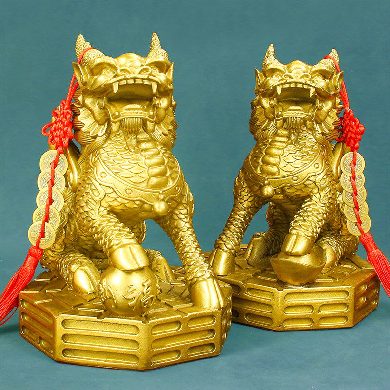 纯黄铜送子铜麒麟摆件一对 公母八卦火麒麟开业礼品 新房装修摆件