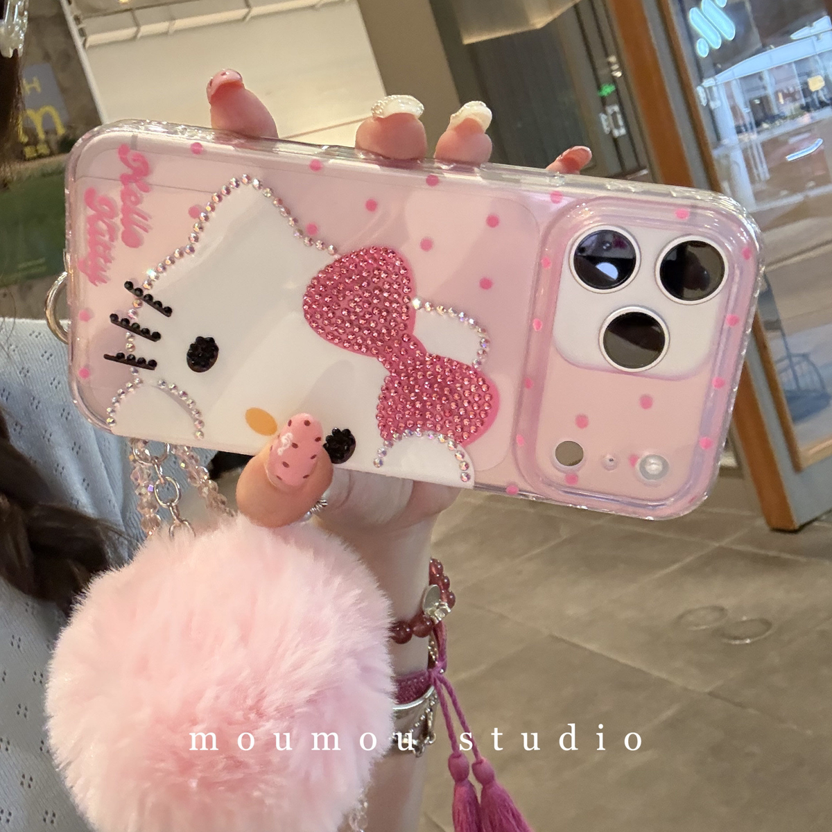 ins爱心钻猫咪17promax壳iPhone16/15少女全包hellokitty16/17挂件手链亚格力软包边17promax保护壳防摔