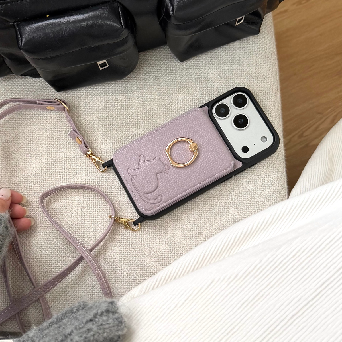 iPhone16promax手机壳适用苹果17小猫镜子13斜挎钱包卡包水钻love轻奢指环15女款硅胶保护套小众挂绳全包潮牌