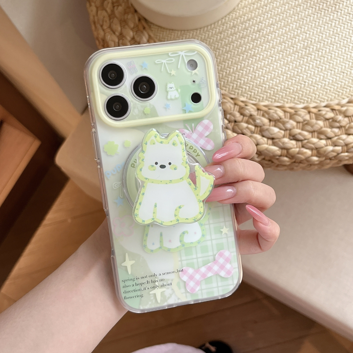 IMD磁吸卡通可爱绿色蝴蝶结西高地手机壳适用iPhone17promax防摔苹果16亮面15趣味创意14支架