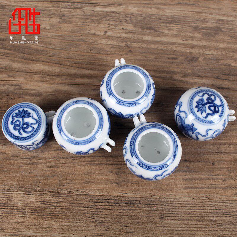 华胜堂 景德镇手绘青花八宝图红子罐鸟食罐小鸟杯水罐 鸟笼配件