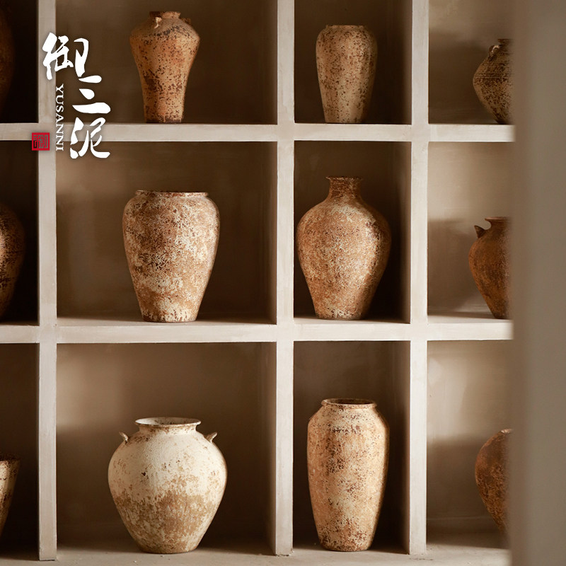 高级感装饰墙格子手工粗陶花器陶罐花瓶纯手作复古侘寂风摆件罐子