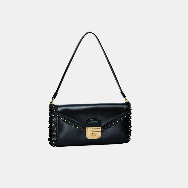 【LONGCHAMP/珑骧】黑色复古碎花包边腋下包 单肩手提女包2032867