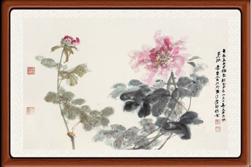 国画挂画花鸟g画装饰画高清非手绘现代客厅张大千俏色牡丹图赠装