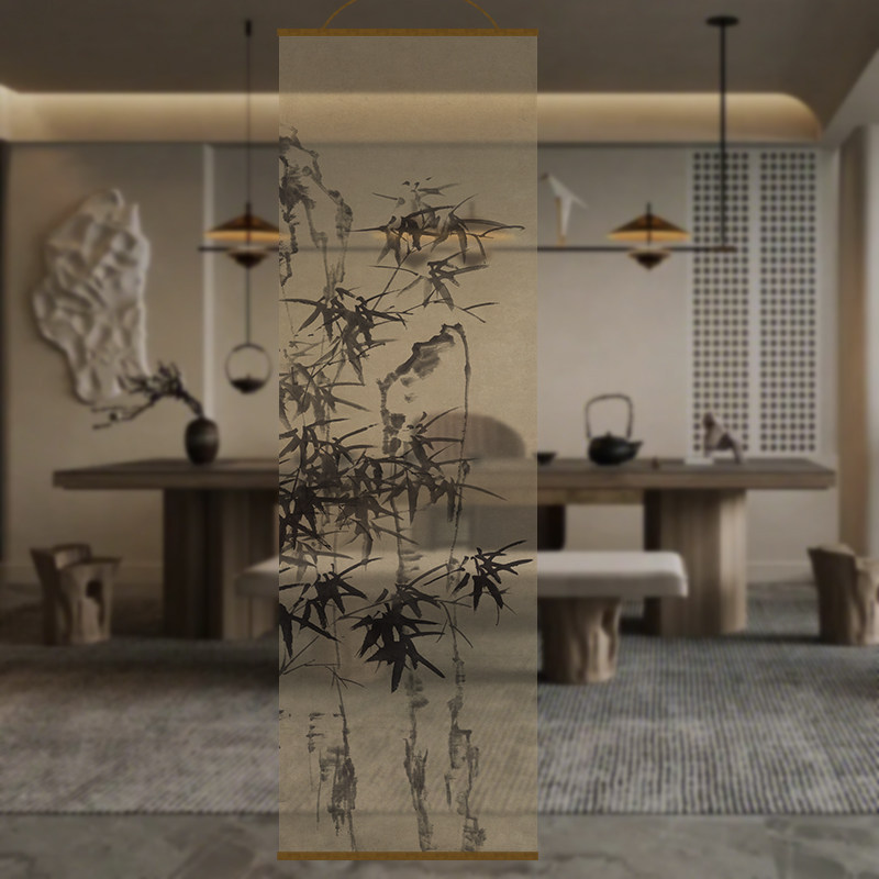 半透水墨竹古风透景屏风纱中式卷帘隔断帘挂帘水墨窗帘纱帘透光
