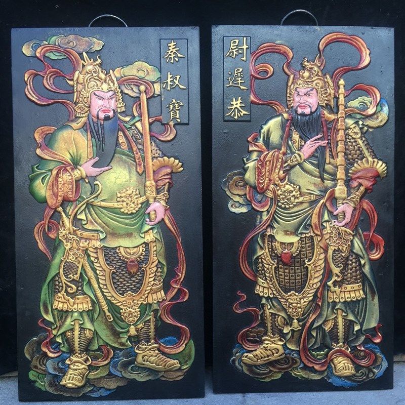 独特收藏老件榆h木漆器彩绘秦叔宝尉迟恭画像门神一对高80*40厘米