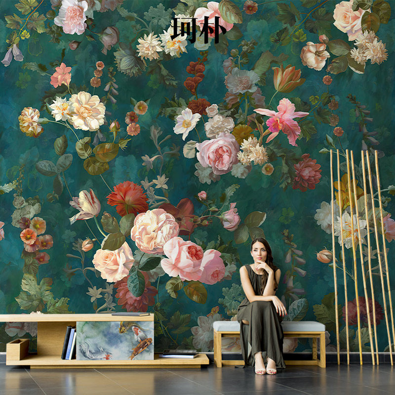 珂朴美式手绘花朵壁画墨u绿色背景壁纸无纺布墙纸客厅电视背景墙