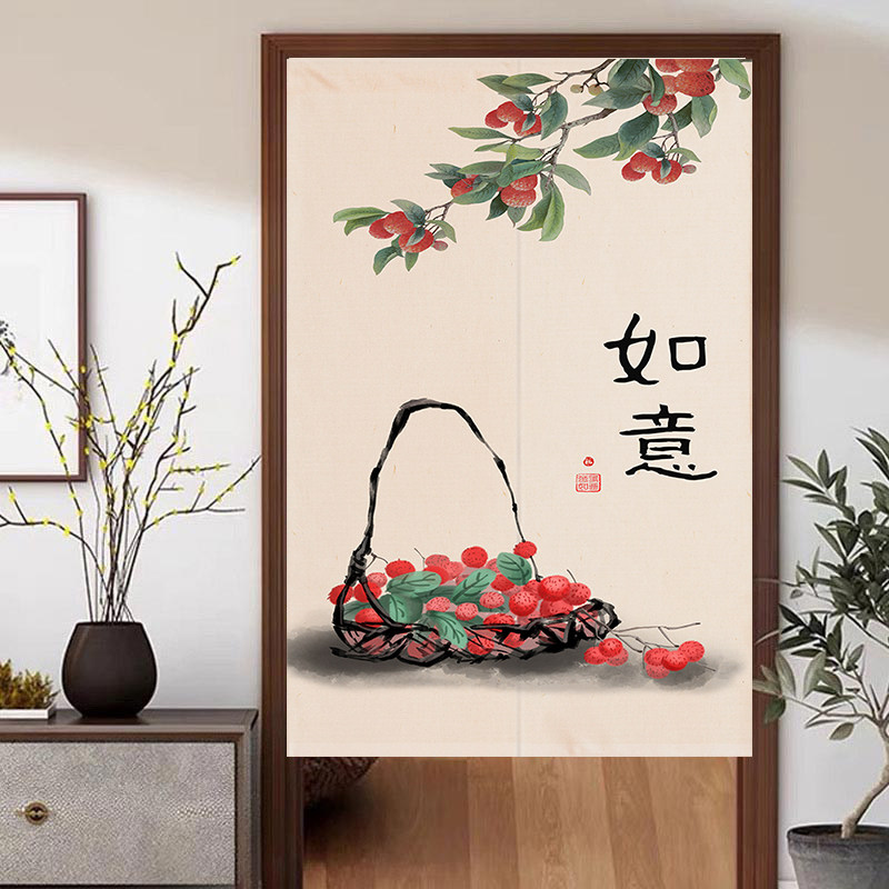 新中式风格布艺门帘 分片式免打孔门帘 适用卧室的中式隔断帘 可