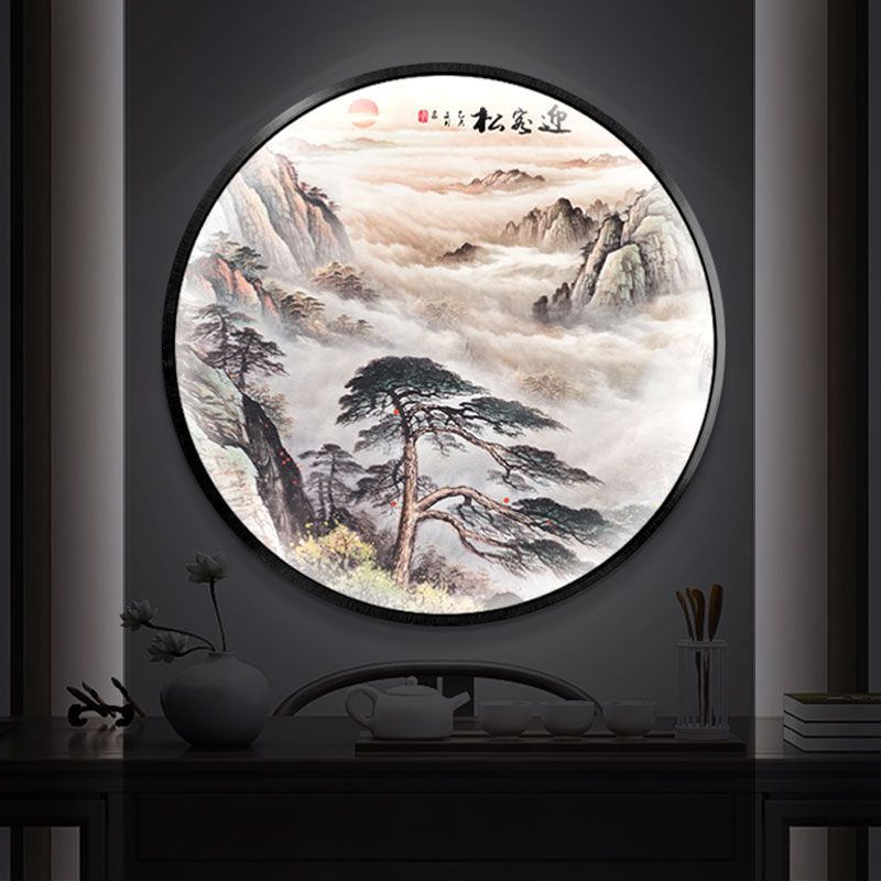 通体全面发光带灯装饰画新中式客厅入户玄关挂画圆形LED灯箱壁画