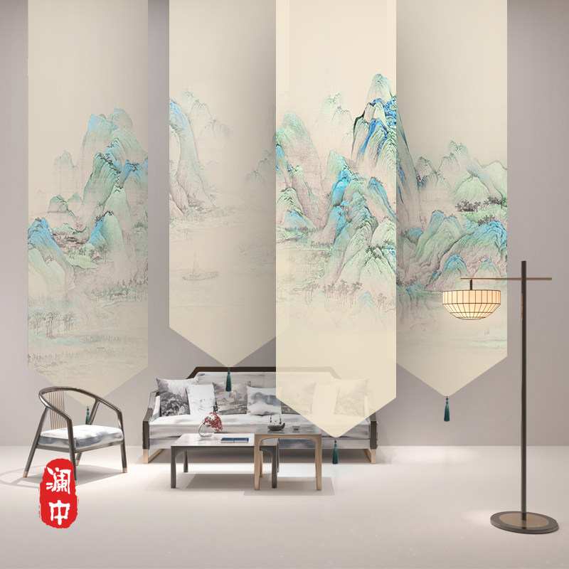 定制新中式山水画透明卷帘窗帘升降客厅玄关挂式屏风帘软隔断禅意