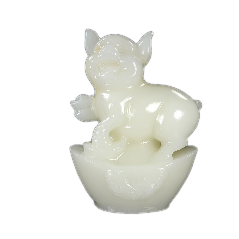 天然汉白玉发财猪摆件纯手工雕刻十二生肖猪办公室客厅招财装饰品