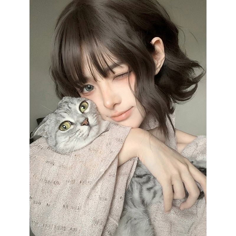 黑色短卷发羊毛卷彩色假发短发女网红全头套齐肩发自然jk女团