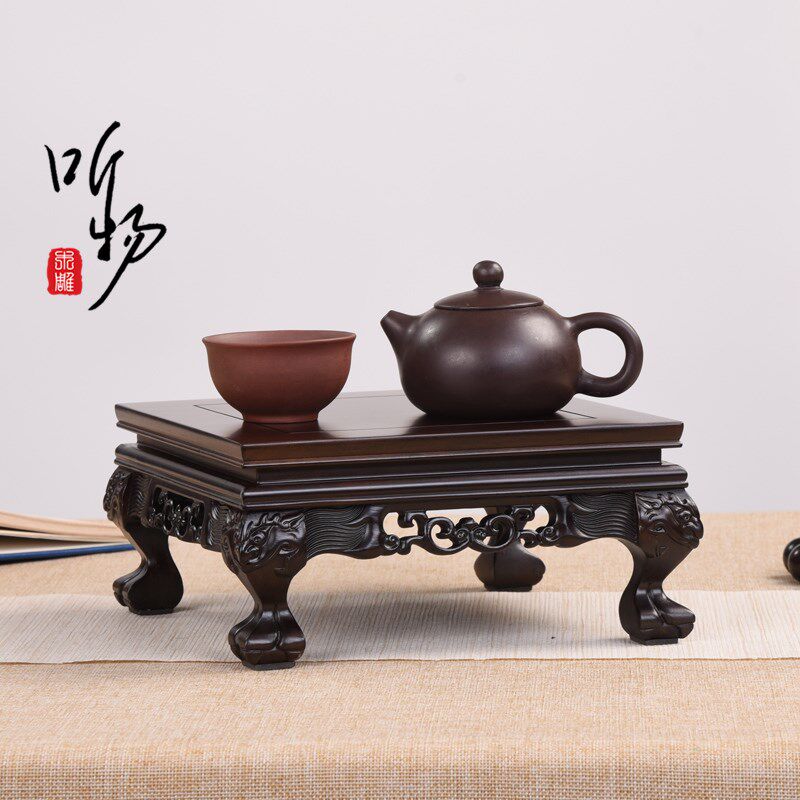 实木非洲黑檀长方新虎脚罗汉松盆景紫砂茶壶铜器葫芦摆件加高木托