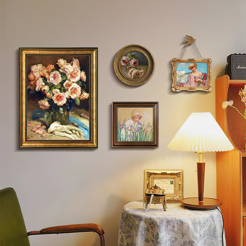 客厅装饰画复古餐厅挂画法式背景墙壁画花卉美式卧室墙画高级感