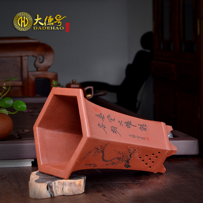 紫砂兰花花盆清水泥宜兴六方兰草绿植盆栽家用刻绘买盆送接水托盘
