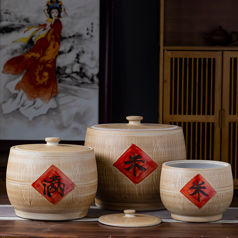 米缸陶瓷家用密封防潮防虫中式复古25斤50斤10斤储物桶杂粮罐超大