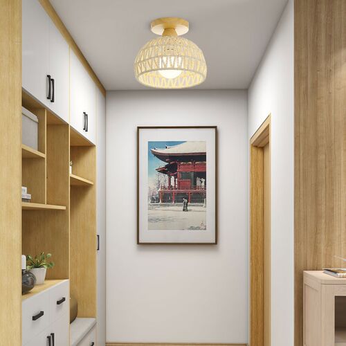 北欧原木入户全光谱LED走廊灯奶油藤艺过道灯复古玄关阳台吸顶灯