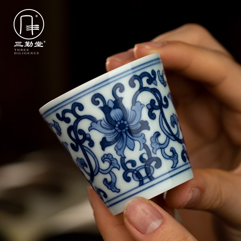 三勤堂功夫茶具茶杯手绘青花主人杯景德镇陶瓷花卉仙鹤直口杯单杯