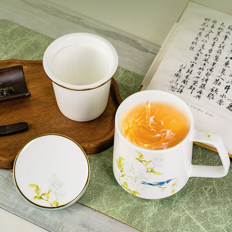 高淳陶瓷鹊登高枝带盖滤茶杯家用中式办公茶杯骨瓷轻奢茶水杯礼盒
