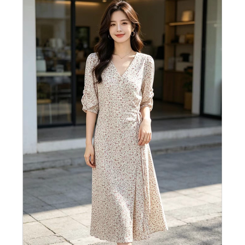 101B3010 拉夏家 夏季时尚减龄收腰显瘦碎花气质中长款连衣裙女