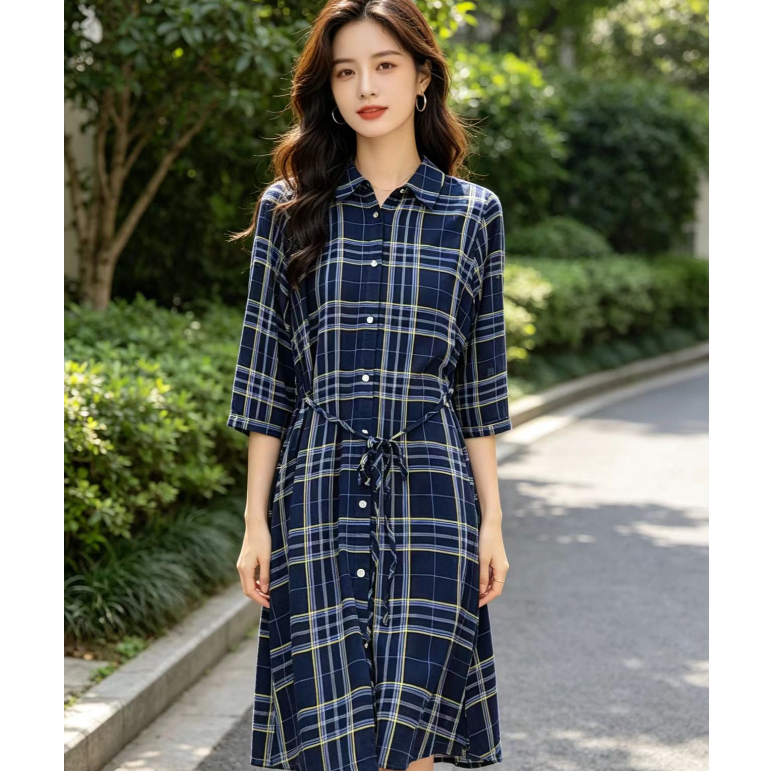 70013713 拉夏家 夏季时尚减龄收腰显瘦格子衬衫连衣裙