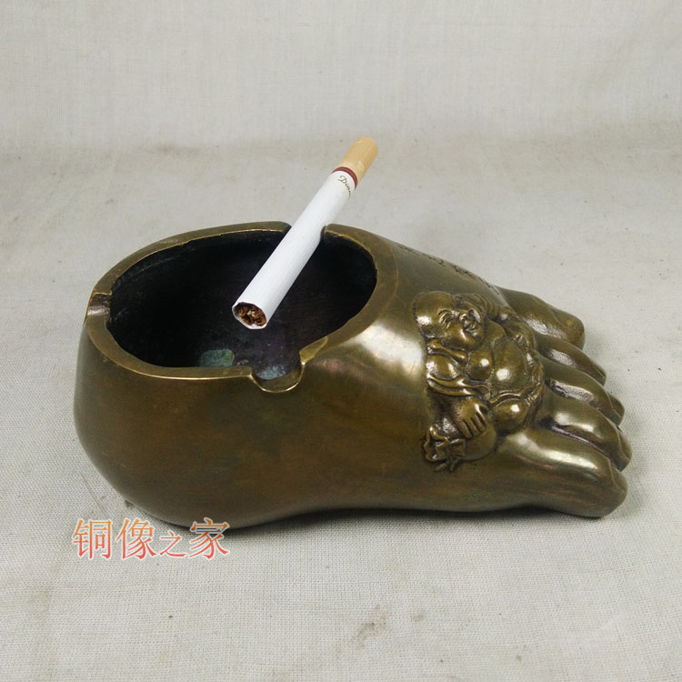 纯铜烟灰缸知足常乐摆件办公室家居做旧仿古摆设