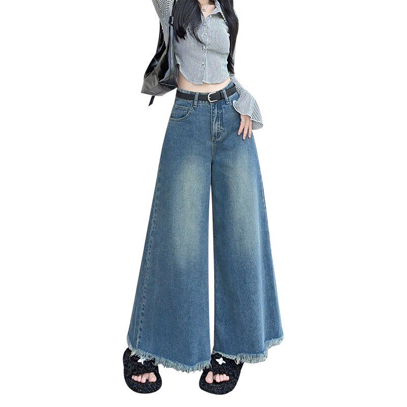 高腰复古深色毛边阔腿牛仔裤女春夏薄款小个子显高宽松梨形抖抖裤