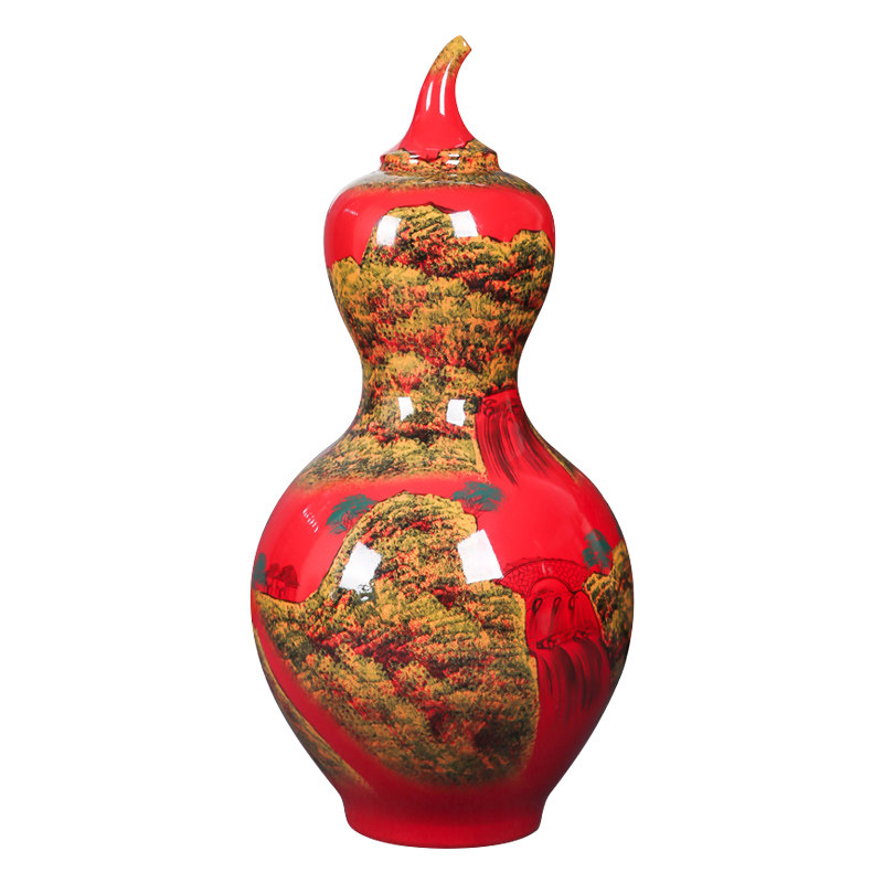 景德镇陶瓷器中国红手绘葫芦落地大花瓶客厅装饰酒店公司开业摆件