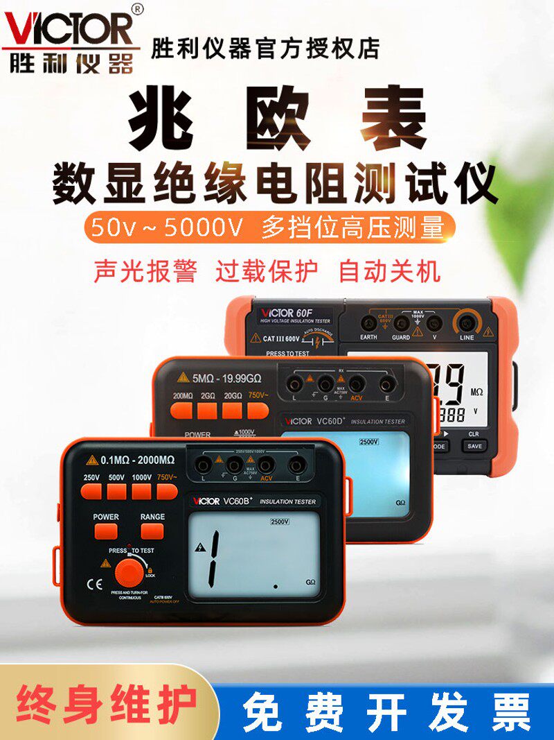 胜利兆欧表VC60B+1000V电子摇表5000V高压电工数显绝缘电阻测试仪