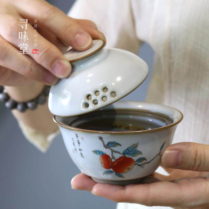 月白汝窑小茶碗复古快客盖碗开片花鸟猫咪仿古陶瓷盖杯功夫茶具