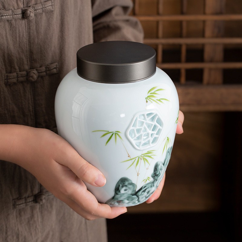 匠影茶叶罐大号家用日式储存储物罐陶瓷密封罐锡盖茶仓茶叶包装盒
