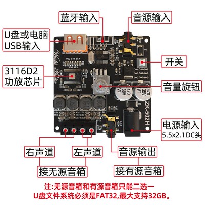 Wuzhi Audio HIFI级2.0立体声蓝牙数字功放板模块TPA3116 50WX2