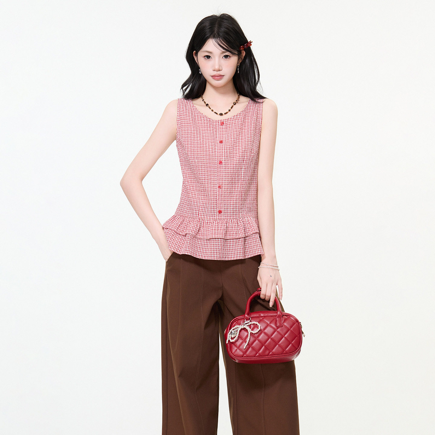 韩系红色格子圆领荷叶边吊带背心女2026夏季新款修身气质无袖上衣