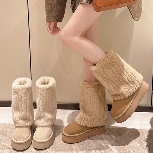 厚底雪地靴女款2024年冬季新款毛茸茸中筒裤管靴加绒加Y厚保暖棉