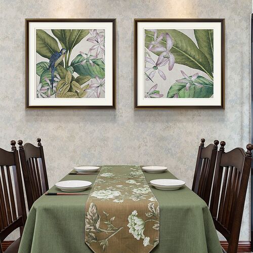 美式饭厅挂画简美乡村客厅装饰画高E级感现代花卉植物法式两联挂