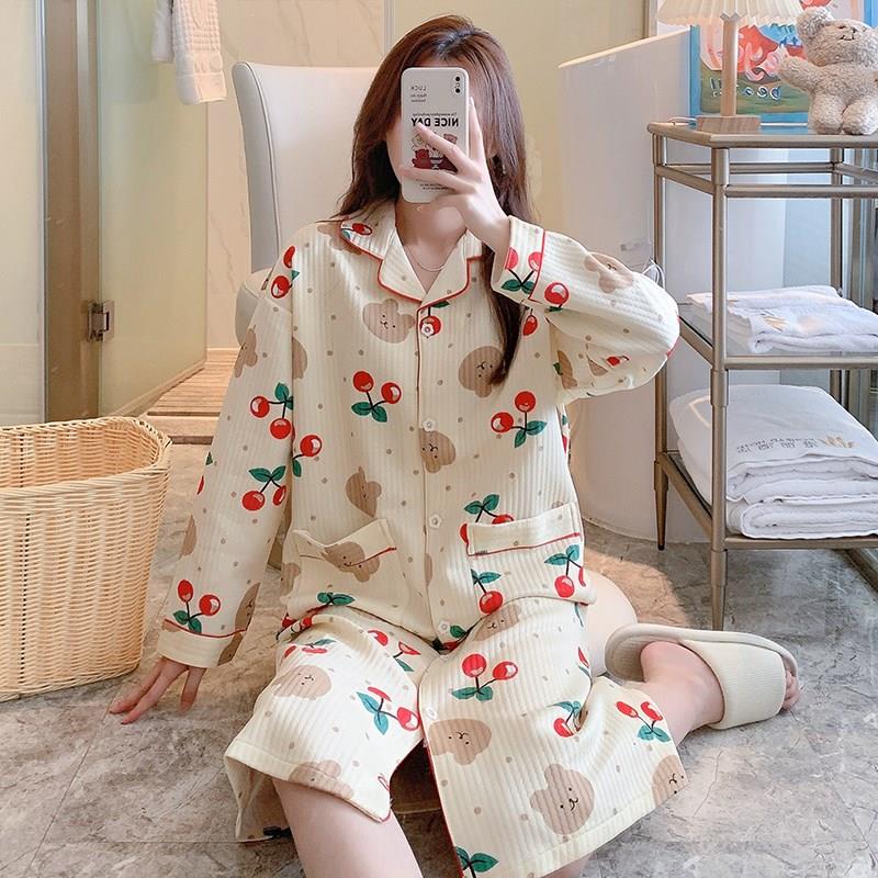 秋冬加厚睡裙f女长袖保暖夹层空气棉月子服衬衫领开衫宽松款待产