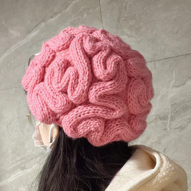大脑子毛线脑花帽子女冬搞怪稀奇古怪搞怪可爱潮流保暖成人粉色