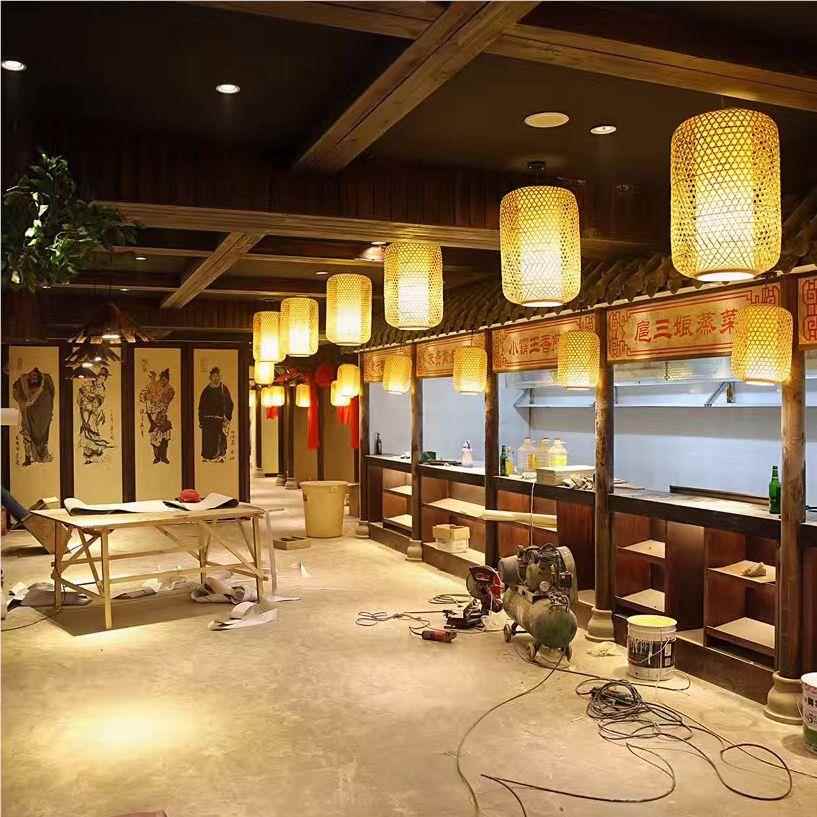 竹式编灯笼发吊灯广告印MSU字餐复古中茶楼厅古光镇农家乐灯罩现
