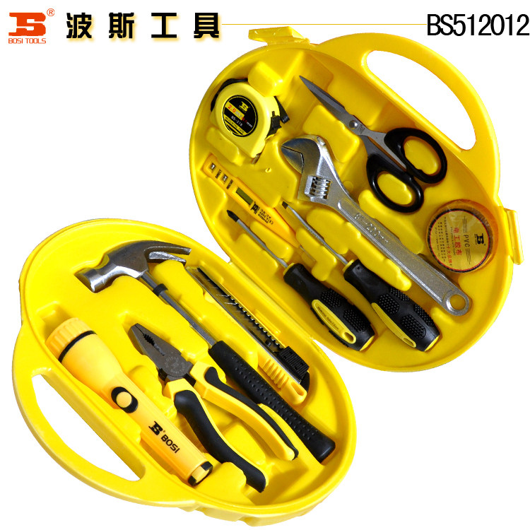 波斯五金工具12件家用组套工具箱家用套装维修水电工具包BS512012