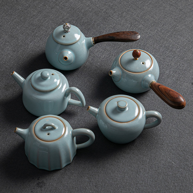 汝窑茶壶泡茶陶瓷茶具单壶家用开片球孔手工日式汝瓷侧把壶小茶壶