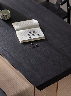 侘寂风黑色碳化实木餐桌大板原木泡茶桌长方形家用书桌工作台茶桌