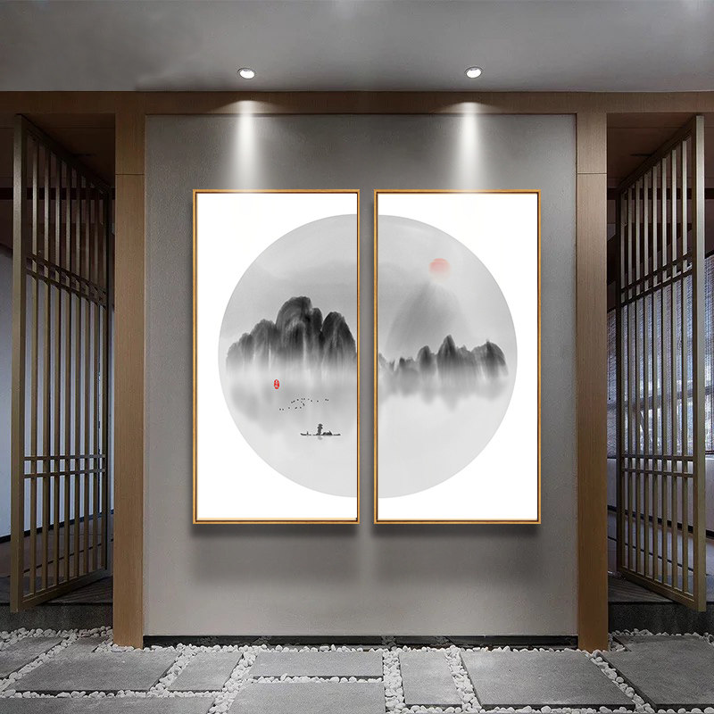 茶室客厅风景画餐厅双联山水挂画玄关壁画装饰画新中式背景墙禅意