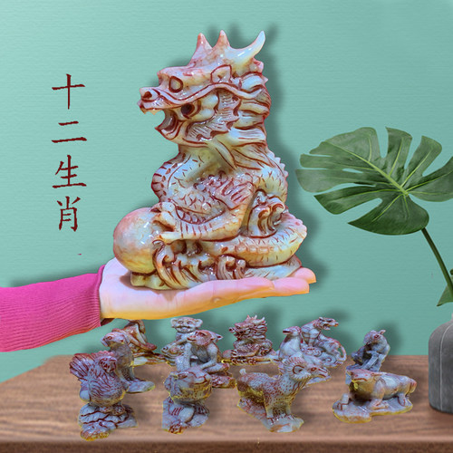岫玉石十二生肖摆件中式大小鼠牛虎兔龙蛇马羊猴鸡狗猪工艺品