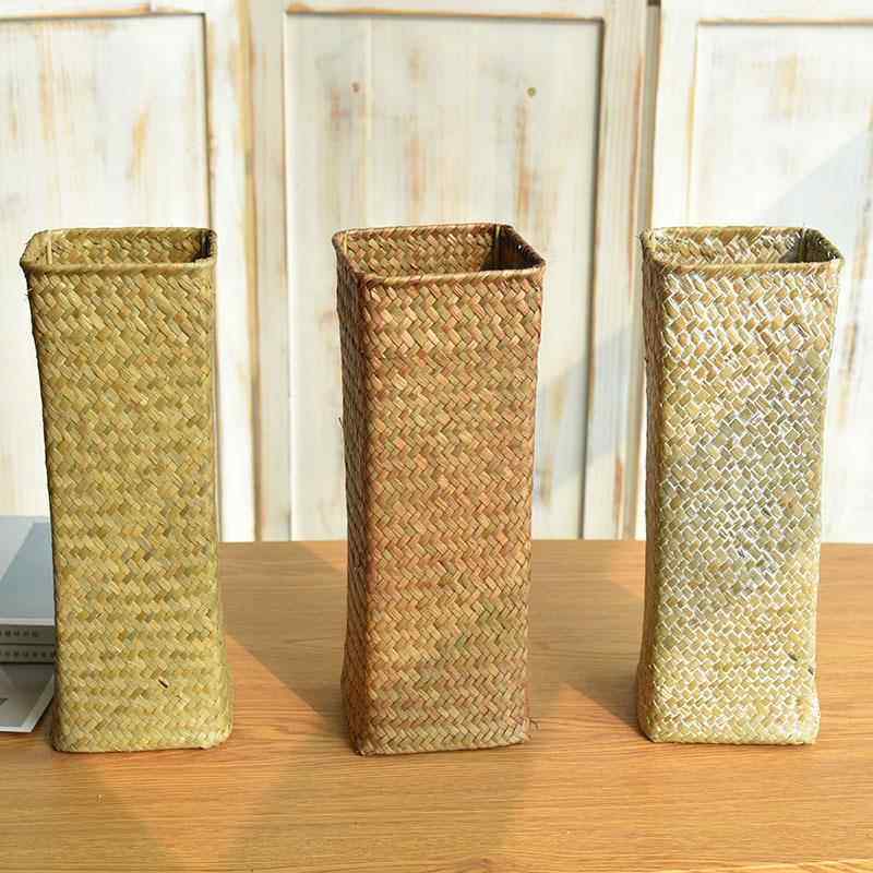 北欧海草编织花瓶草编藤编竹编客厅桌面插花干花花器花篮花筒白色